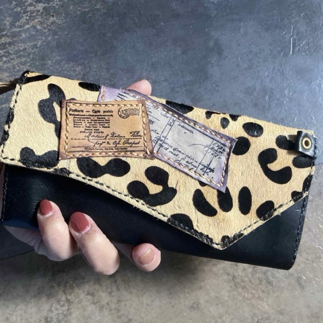 本革☆ハラコ長財布　ブラックヌメ革　革財布