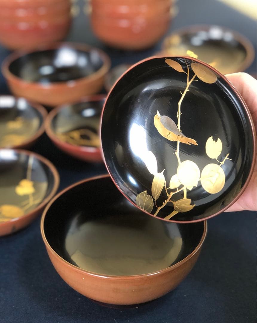 《R》懐石 絵変り鳥蒔絵 雑煮椀10客 木製漆器 木箱　260109き2