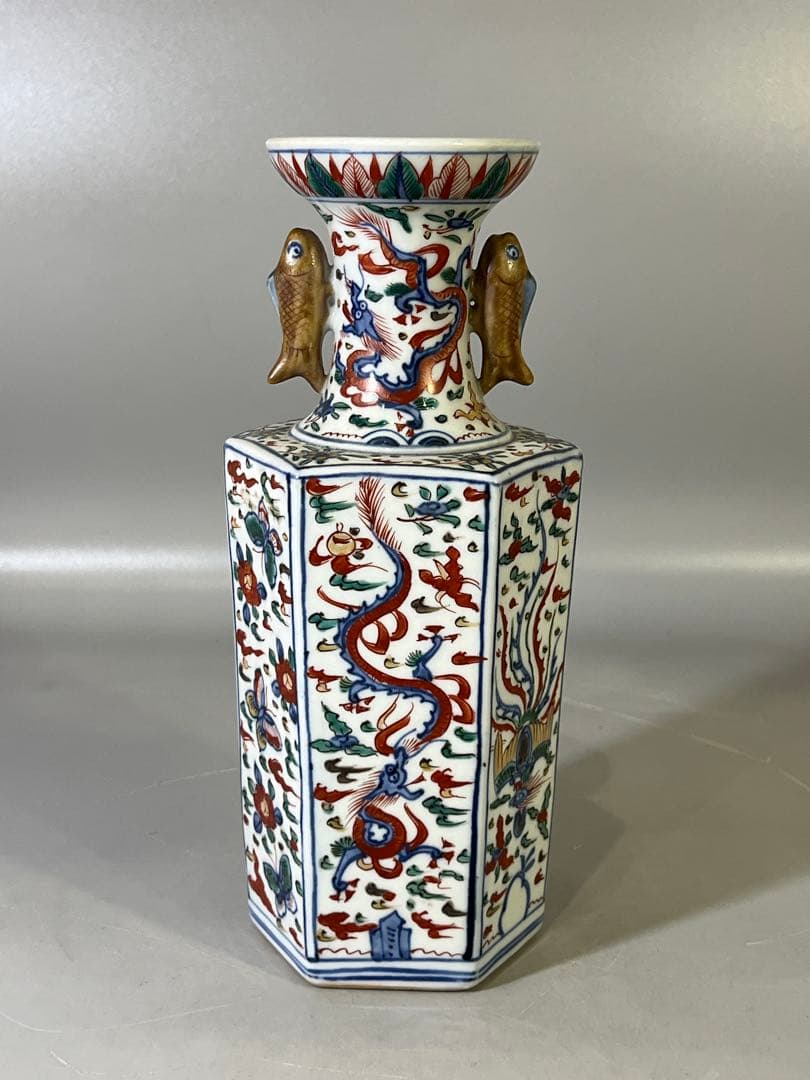 DT733 中国 赤絵 鯉双耳瓶