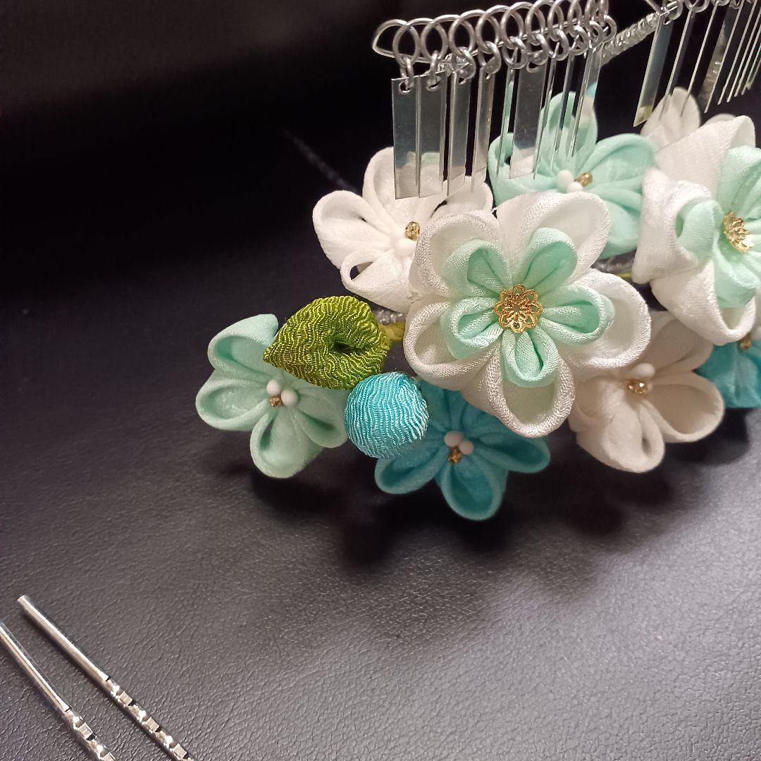 新品【七五三】髪飾り　勝山かんざし　つまみ細工　３点セット　日本髪　水色系②