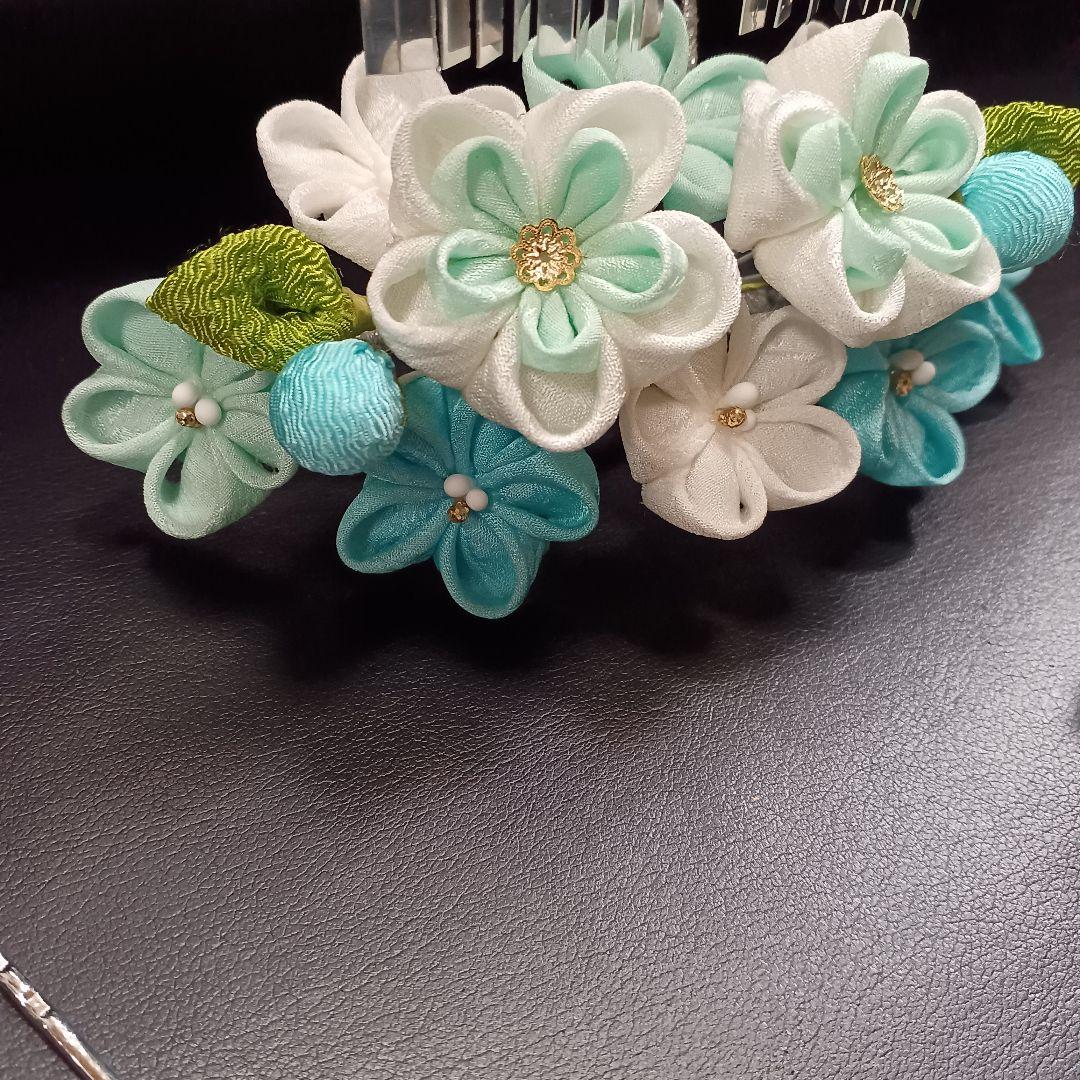 新品【七五三】髪飾り　勝山かんざし　つまみ細工　３点セット　日本髪　水色系②