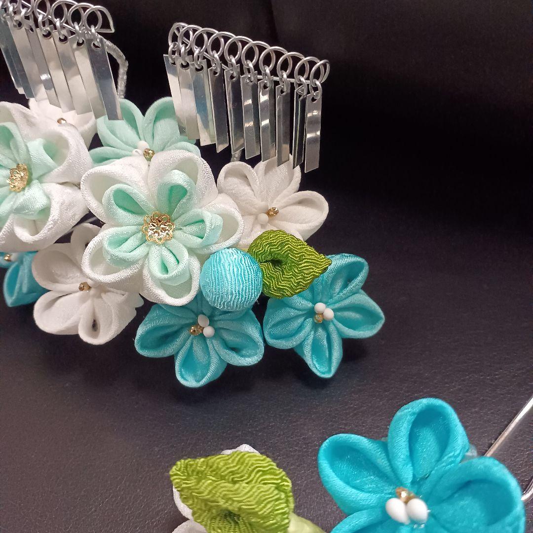 新品【七五三】髪飾り　勝山かんざし　つまみ細工　３点セット　日本髪　水色系②