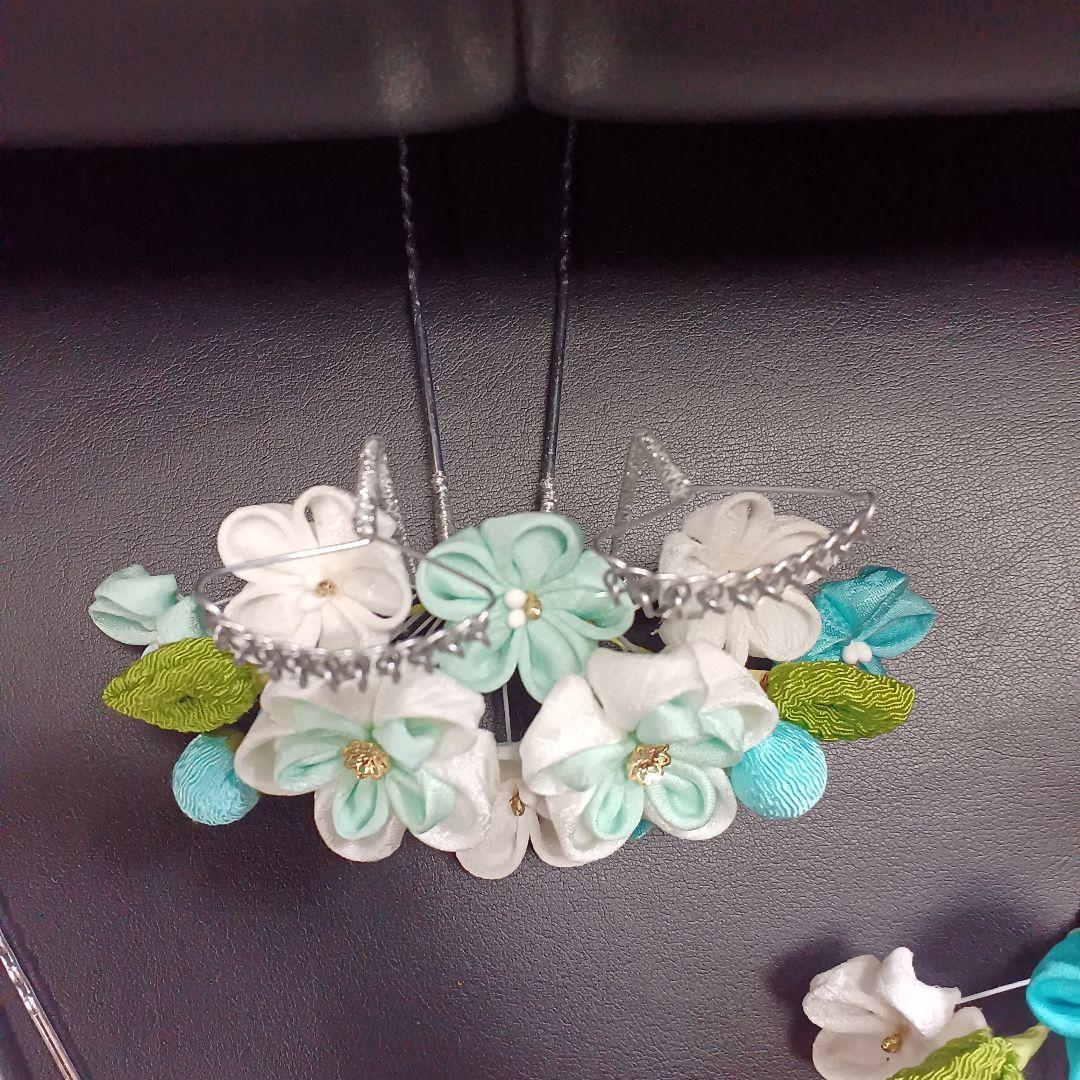 新品【七五三】髪飾り　勝山かんざし　つまみ細工　３点セット　日本髪　水色系②