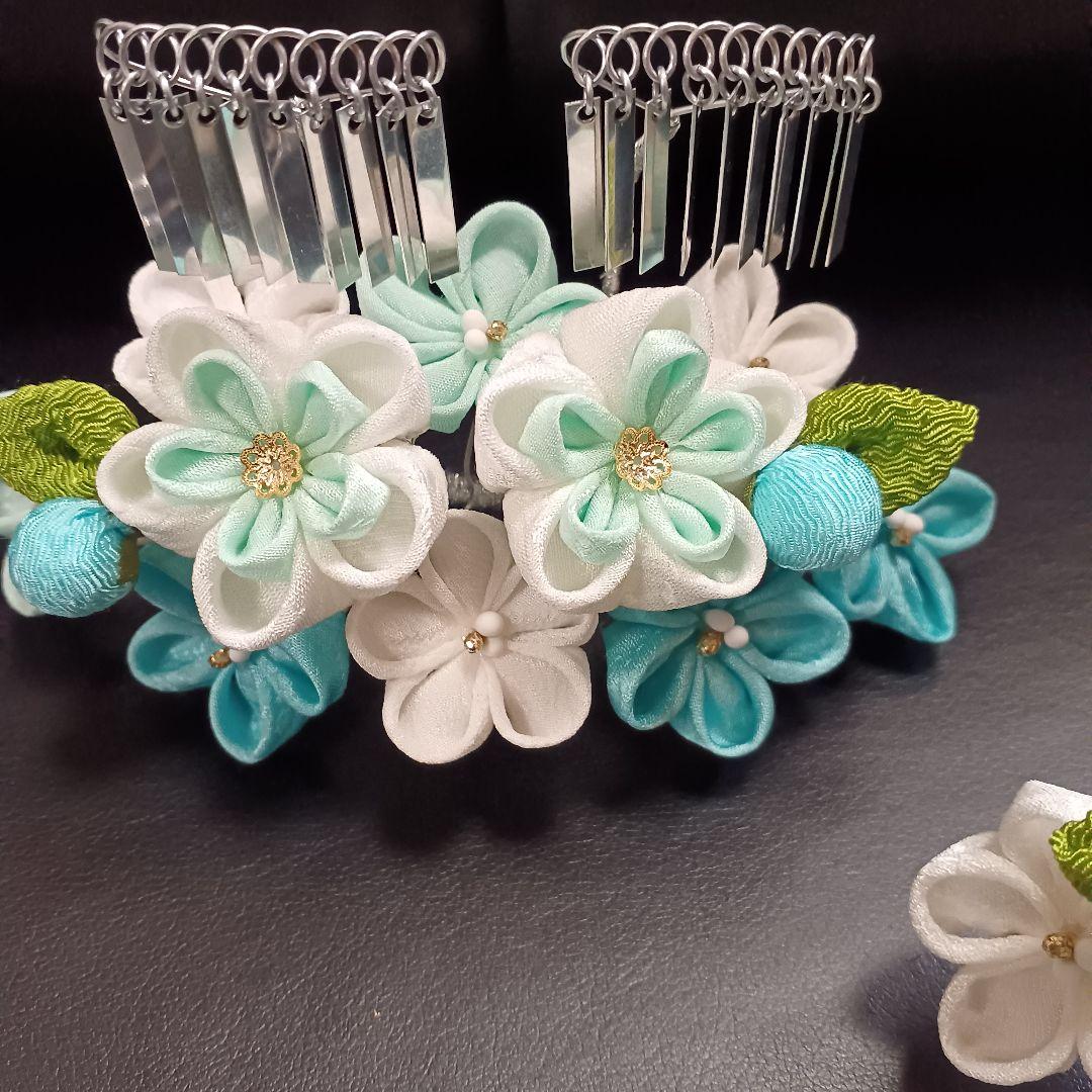 新品【七五三】髪飾り　勝山かんざし　つまみ細工　３点セット　日本髪　水色系②