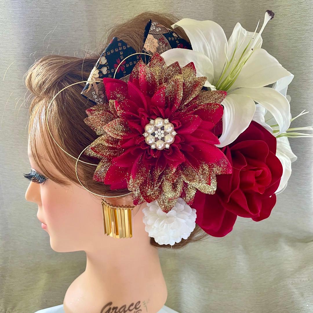 赤白　和装髪飾り　成人式髪飾り　着物髪飾り　振袖髪飾り　花嫁髪飾り　結婚式髪飾り