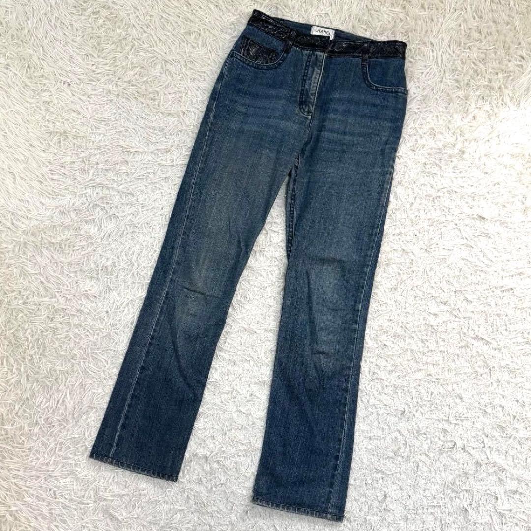 14348✨CHANEL マトラッセ レザー切替 デニムパンツ 38 M