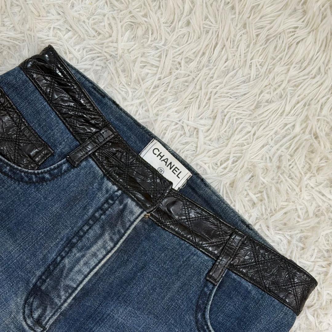 14348✨CHANEL マトラッセ レザー切替 デニムパンツ 38 M