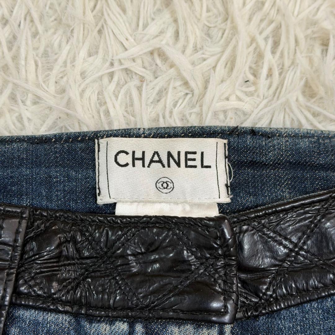 14348✨CHANEL マトラッセ レザー切替 デニムパンツ 38 M