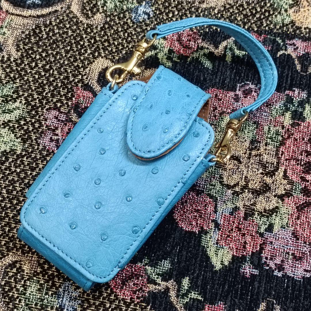 オーストリッチレザー ハンドバッグ 天ファスナー 小物ケース付 ブルー