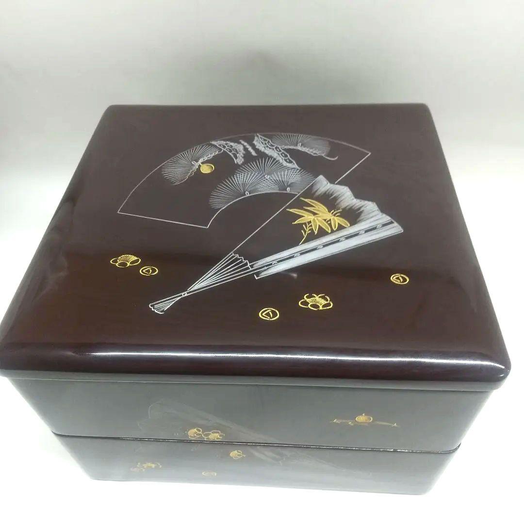 川連漆器 ニ段本重 ハ寸  沈金 蒔絵 本漆 天然木 脚付