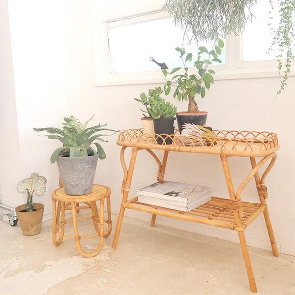 アジアン風 皮つきラタンコンソールテーブル 籐 手編み ナチュラル（256）