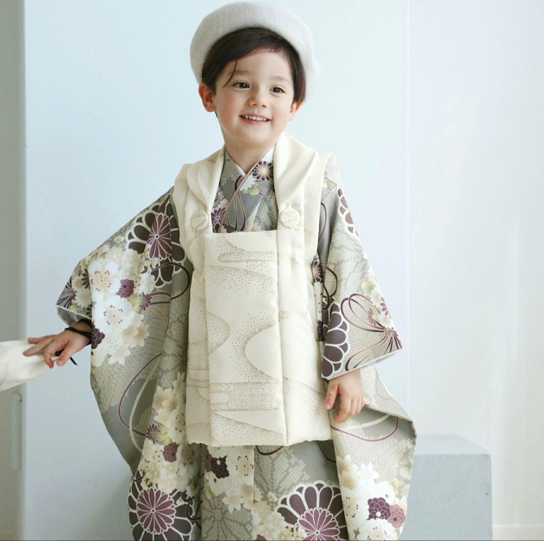 ひよこ商店 七五三 着物フルセット3歳男の子 クリーム金彩×翡翠の菊重ね