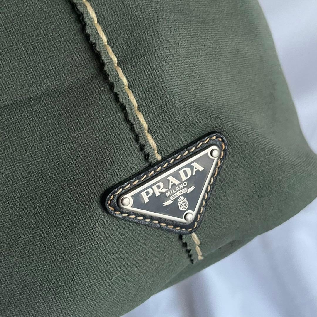 ■良品■ PRADA トートバッグ　白タグ　ジャージ素材　レザー　カーキ