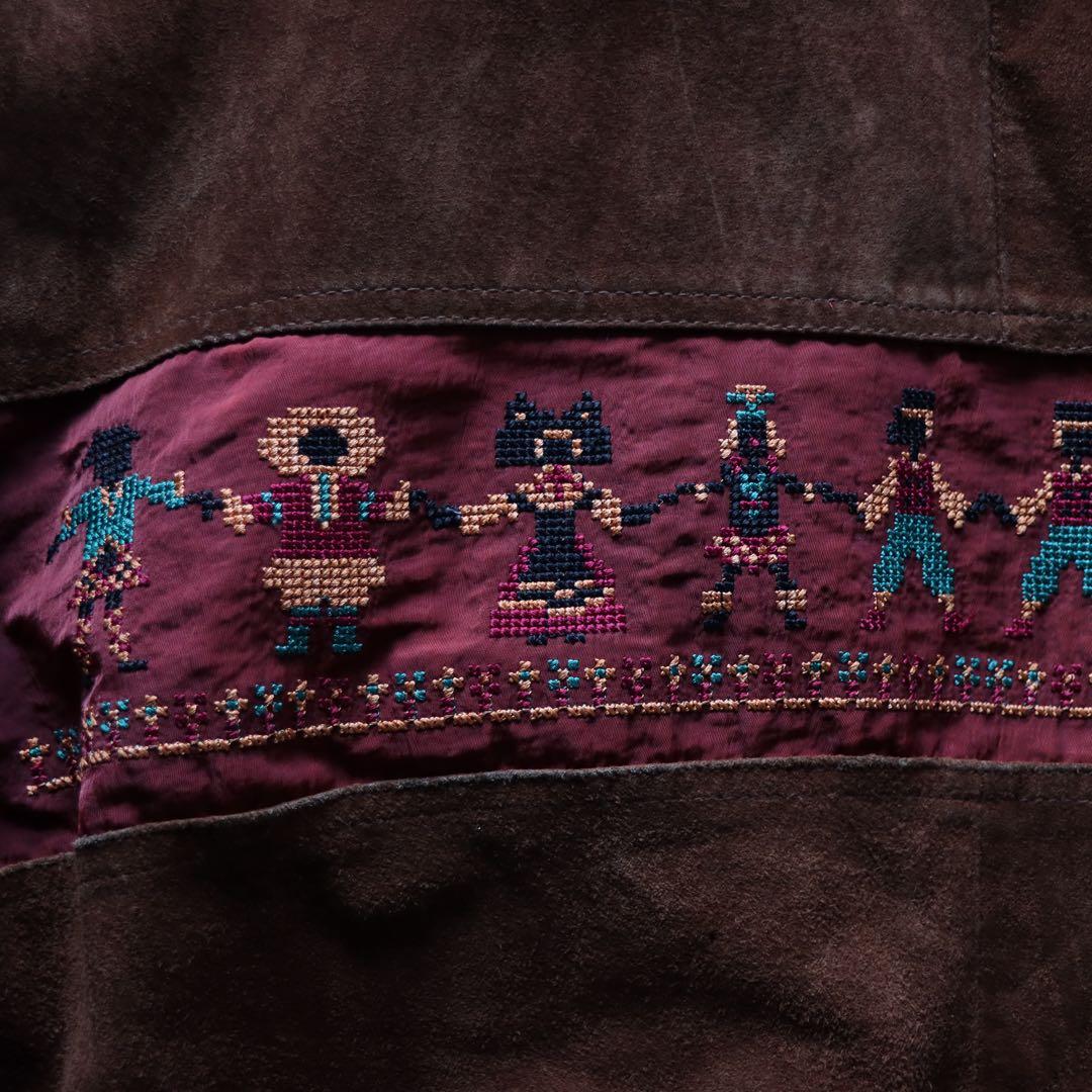 90s ブラウン レザースエードジャケット 刺繍　ファー襟 キルティング