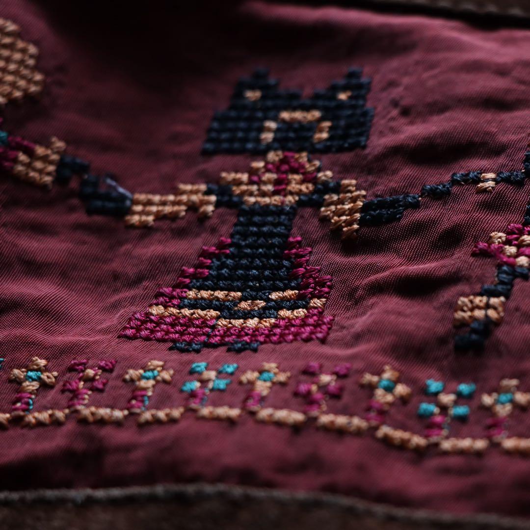 90s ブラウン レザースエードジャケット 刺繍　ファー襟 キルティング