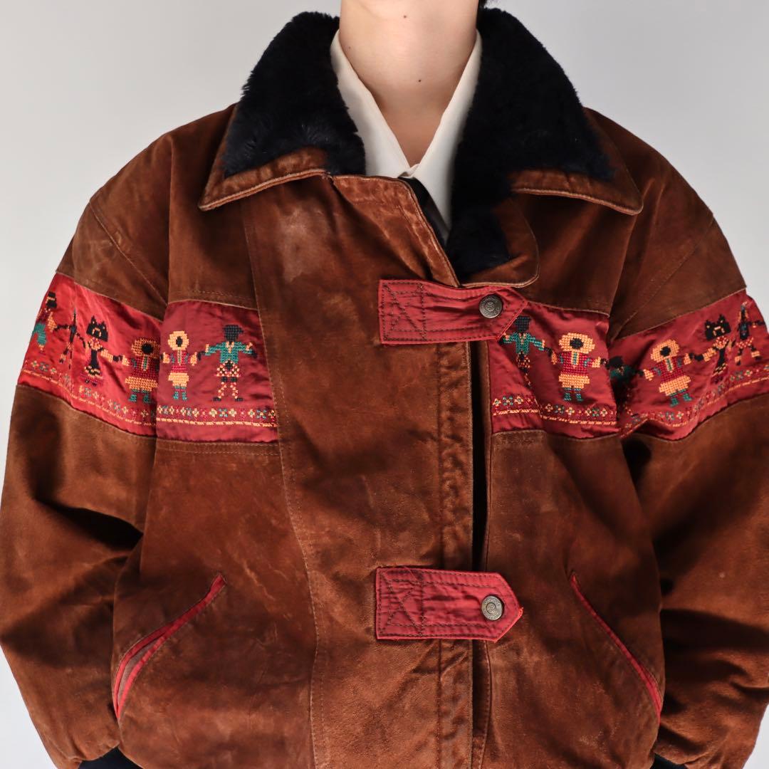 90s ブラウン レザースエードジャケット 刺繍　ファー襟 キルティング