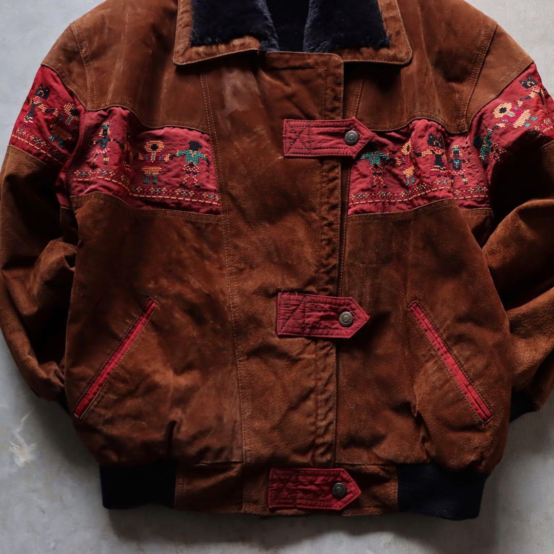 90s ブラウン レザースエードジャケット 刺繍　ファー襟 キルティング