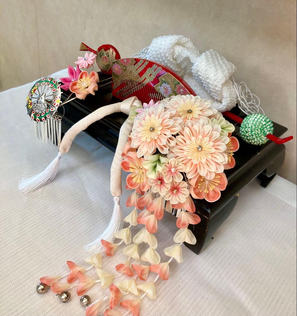 専用 七五三　雨に咲く花　菊花簪　傘金属簪　櫛簪　玉簪　Uピン簪　　水引簪