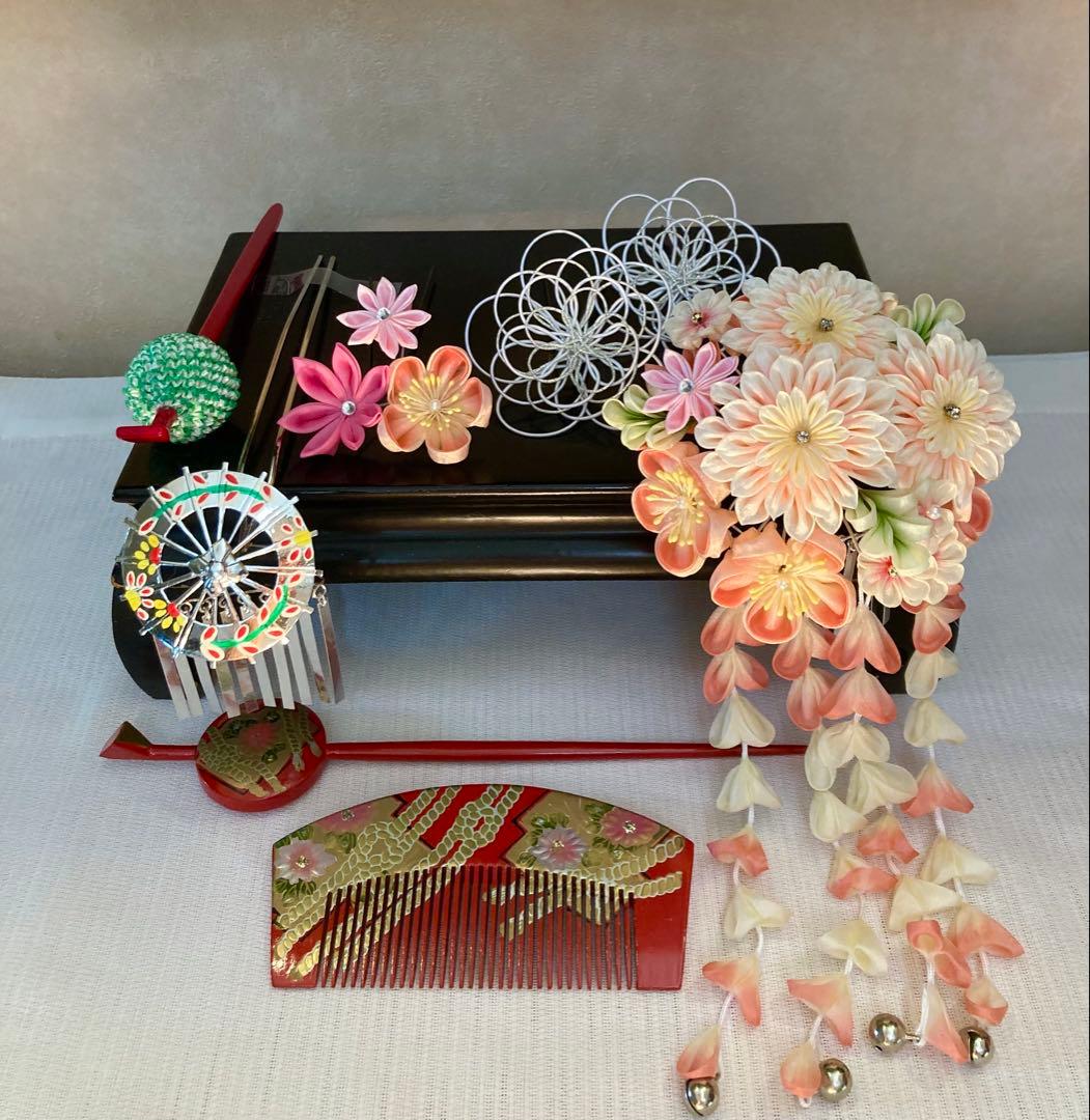 専用 七五三　雨に咲く花　菊花簪　傘金属簪　櫛簪　玉簪　Uピン簪　　水引簪