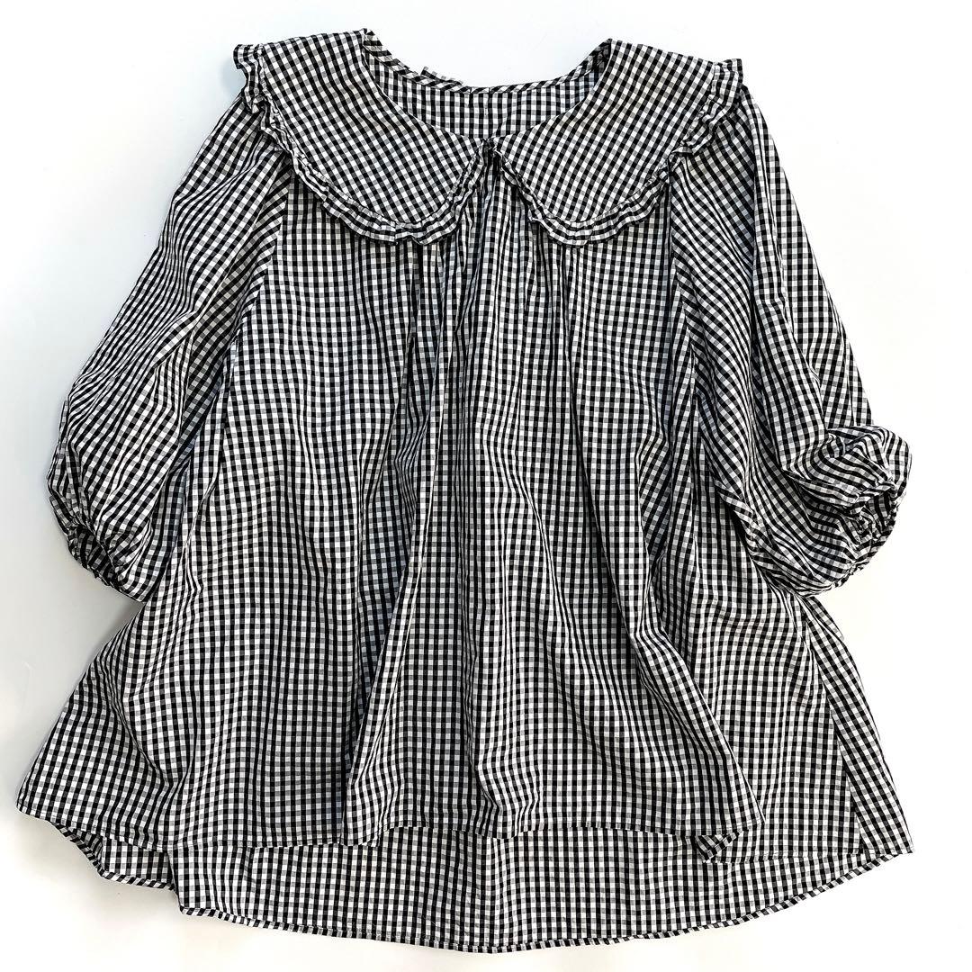 美品 ユキエモン ギンガムチェック ブラック 襟付き バックリボン M 黒×白