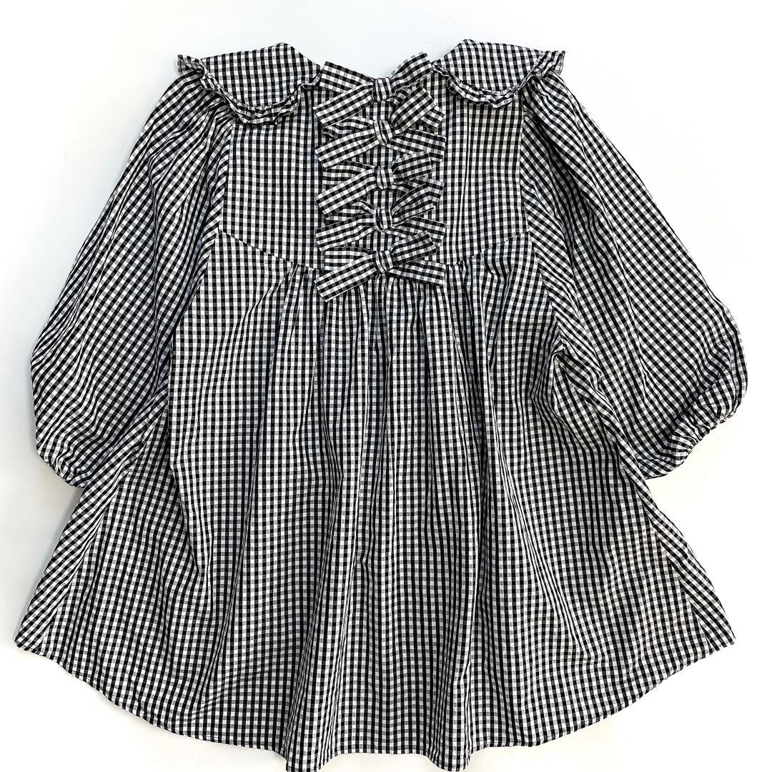 美品 ユキエモン ギンガムチェック ブラック 襟付き バックリボン M 黒×白