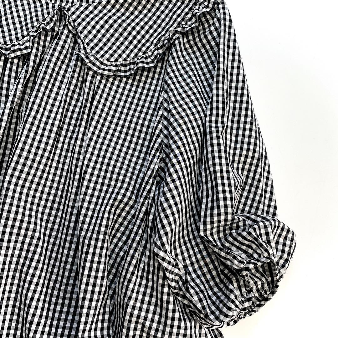 美品 ユキエモン ギンガムチェック ブラック 襟付き バックリボン M 黒×白