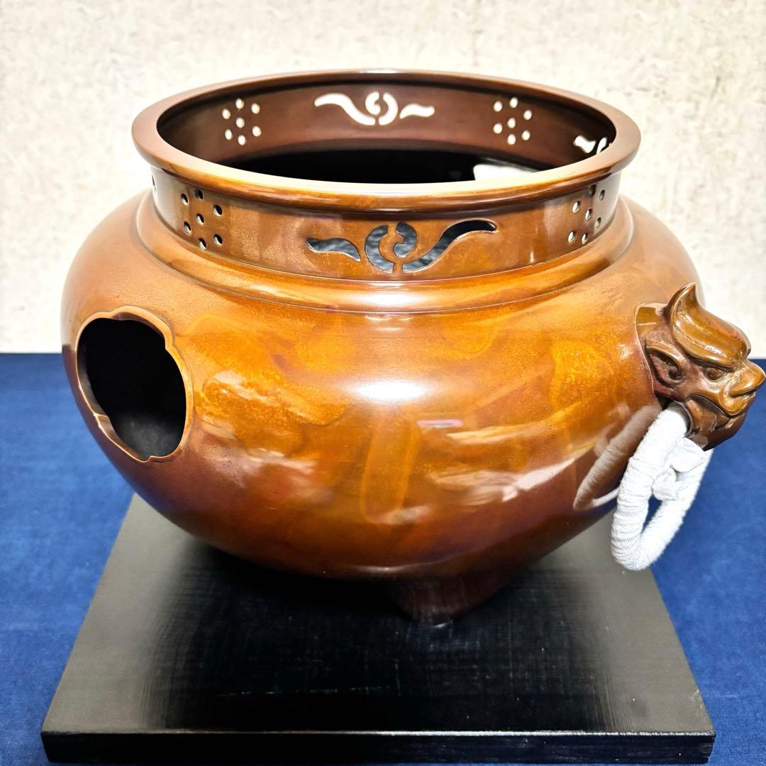未使用/斑地紋焼色/風炉/茶釜/電熱器/金森紹栄造/唐銅鬼面風炉/電熱器/茶道具