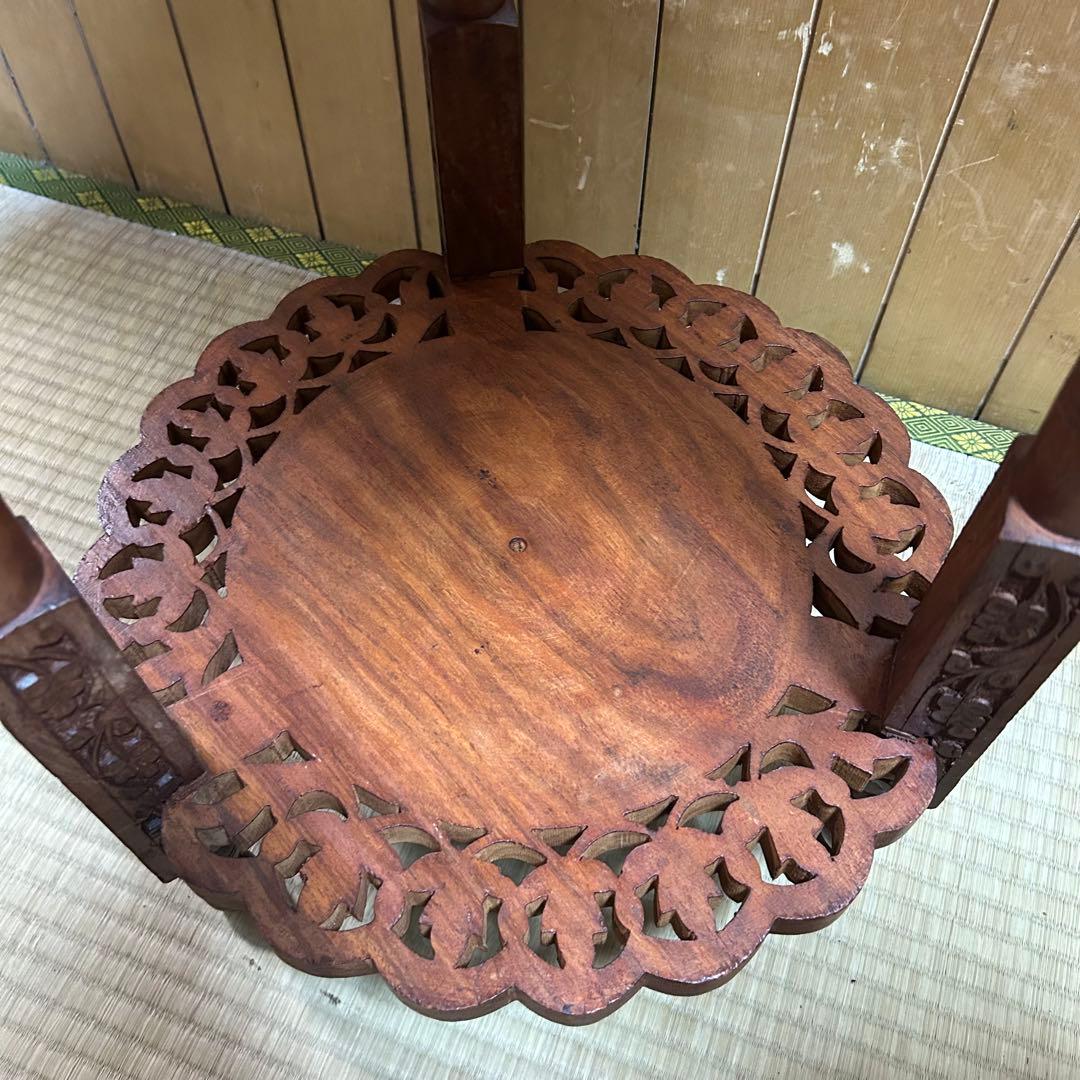 木製2段シェルフ【象嵌細工•彫刻透し彫り】サイドテーブル　飾り棚　花台　アジアン