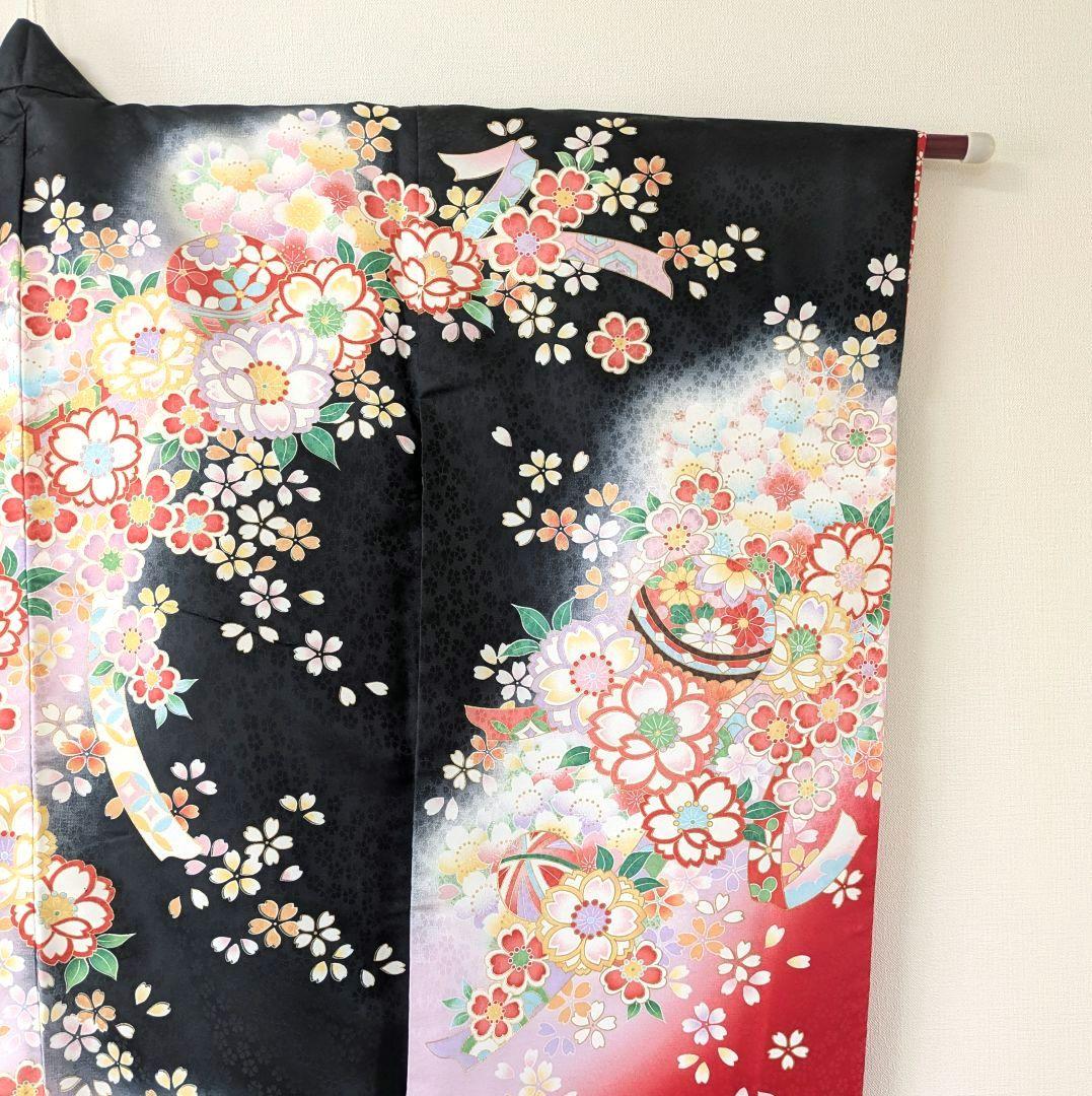 美品✨七五三フルセット7歳 女の子 花うさぎ 着物 黒 四つ身 モダン 日本製
