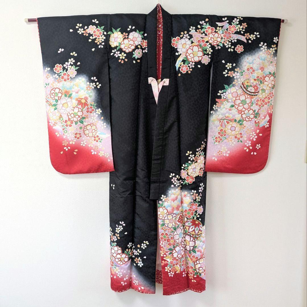 美品✨七五三フルセット7歳 女の子 花うさぎ 着物 黒 四つ身 モダン 日本製
