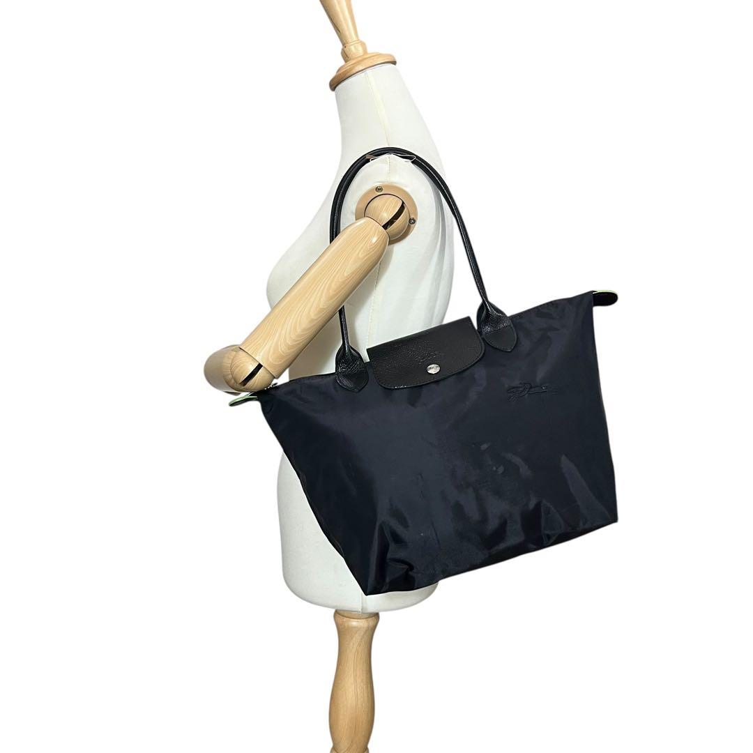 longchamp プリアージュ　黄緑　トートバッグ　黒　折りたたみ可　通勤