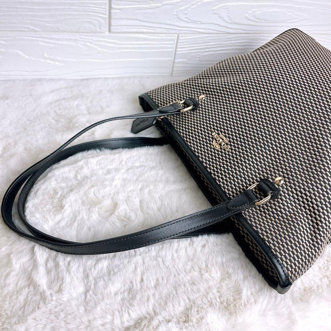 未使用級☆COACHコーチ トートバッグ 格子柄 キャンバス レザー ブラック