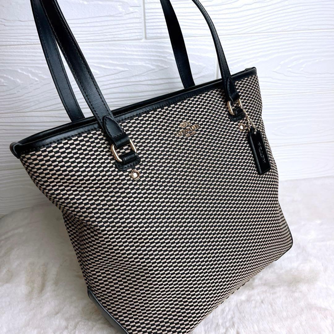 未使用級☆COACHコーチ トートバッグ 格子柄 キャンバス レザー ブラック