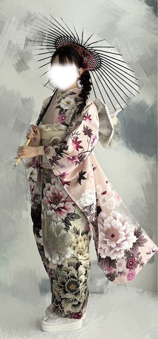 フルセット振袖 上品なくすみピンク白紫花柄 草履バック　髪飾り　正絹　牡丹