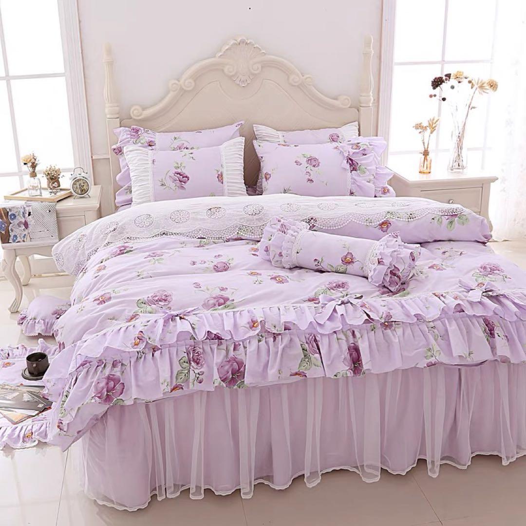 薄紫色 花柄 フリル付き セミダブルカバーセット