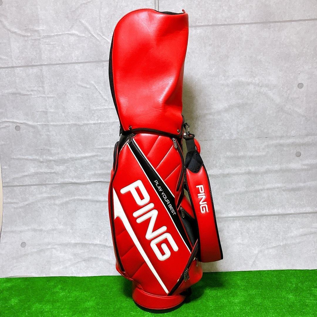 PING ゴルフ キャディバッグ レッド 9型 5分割 カート式 PUレザー
