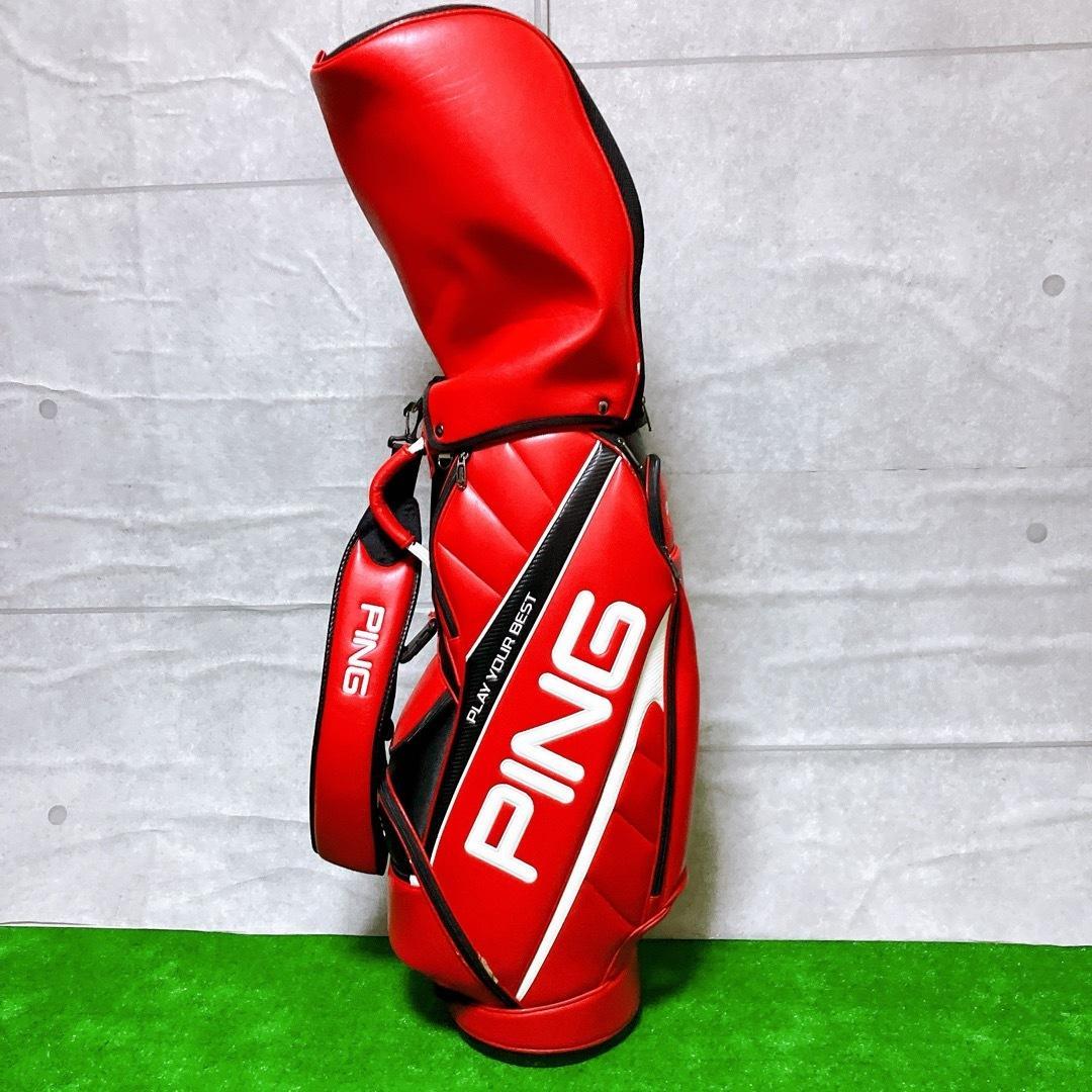 PING ゴルフ キャディバッグ レッド 9型 5分割 カート式 PUレザー