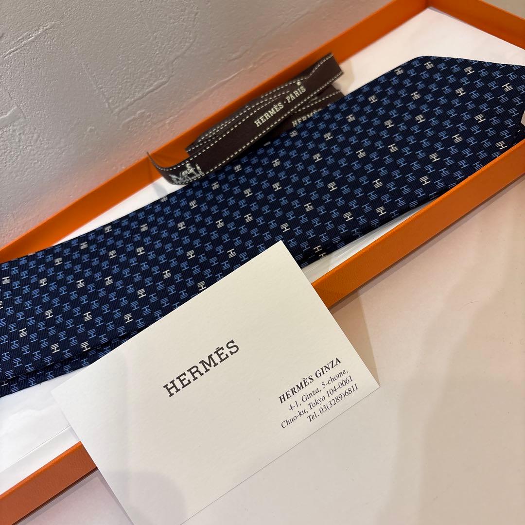 HERMES ネイビー Hロゴ ネクタイ