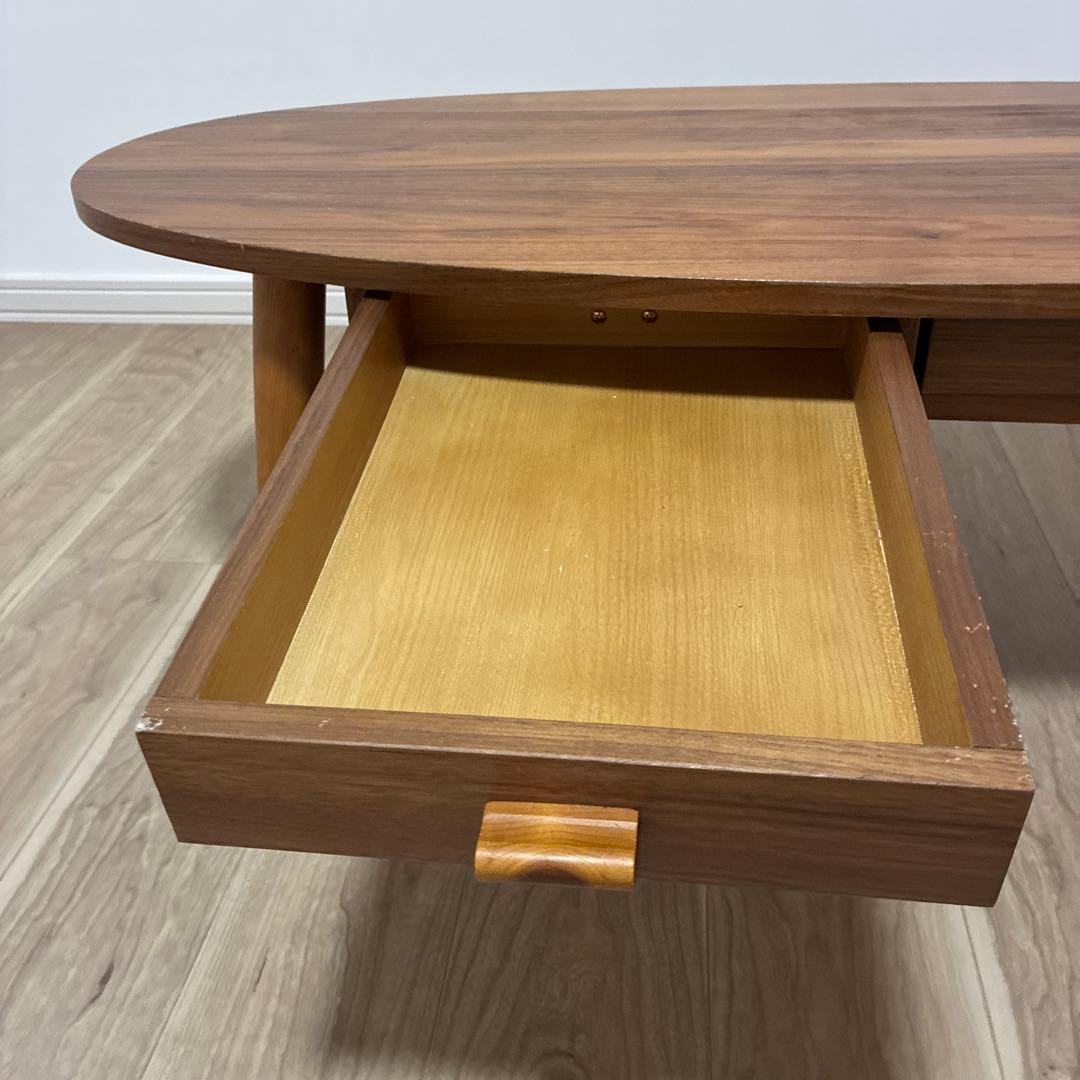 木製楕円形センターテーブル 引き出し付き