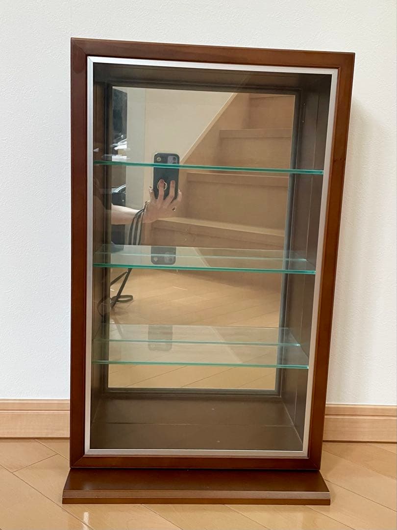 コレクションケース 木製 背面ミラー 棚ガラス3枚付