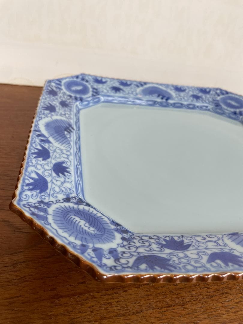 希少 特大 八角皿 有田焼 賞美堂 基泉 染付 草花紋 盛り皿 深皿 新品