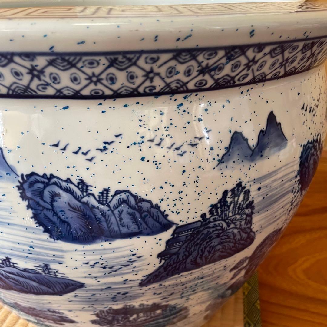 染付 山水図 火鉢 陶器 メダカ鉢 金魚鉢 睡蓮鉢 骨董品
