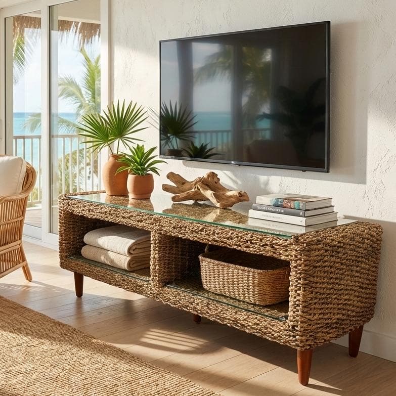 幅120cm【訳あり新品】アバカ天然素材 ガラス天板 テレビ台兼ローテーブル