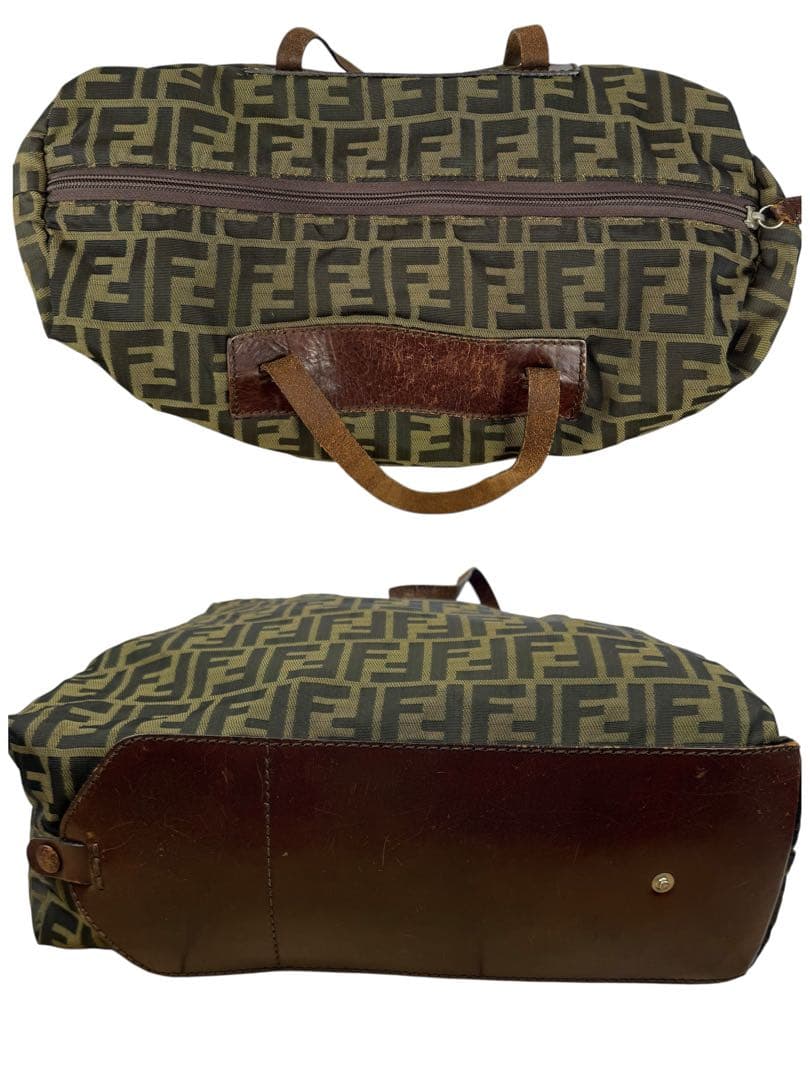 【大容量】FENDI ズッカ柄 折り畳み可能 ハンドバッグ キャンバス カーキ