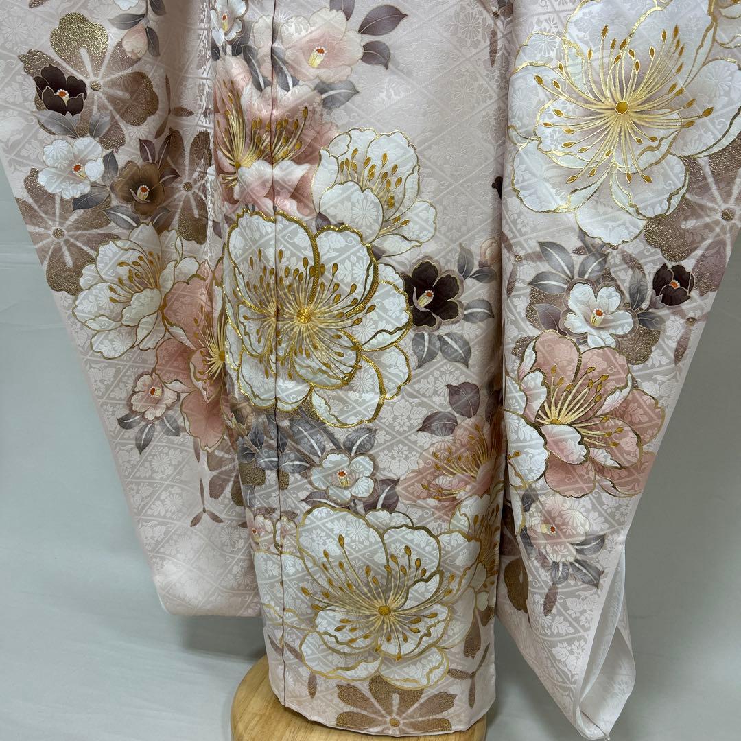 上品なくすみピンクの椿の柄の振袖フルセット