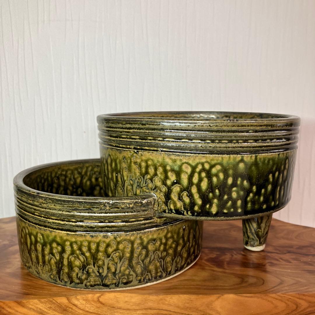 東洋社製　生け花用花瓶　2段　ヴィンテージ　オリーブ色　ミッドセンチュリー