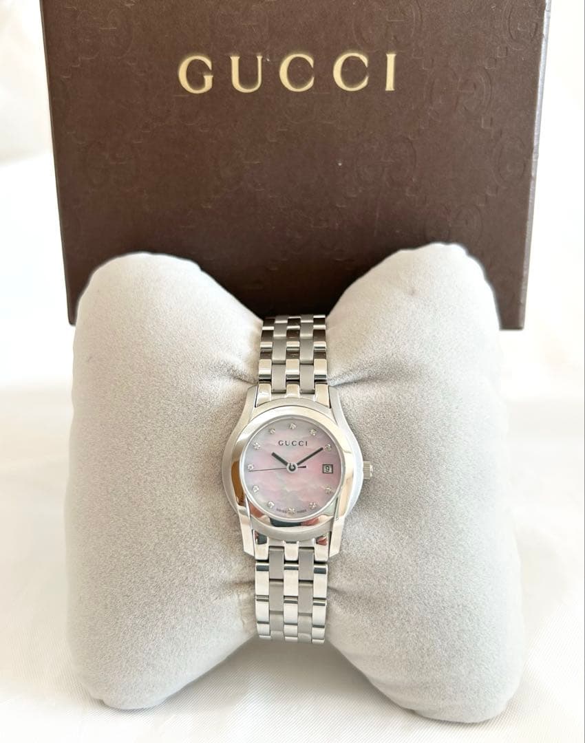 【美品】GUCCIグッチGクラスピンクシェルダイヤ腕時計レディース