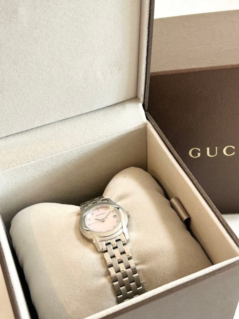 【美品】GUCCIグッチGクラスピンクシェルダイヤ腕時計レディース