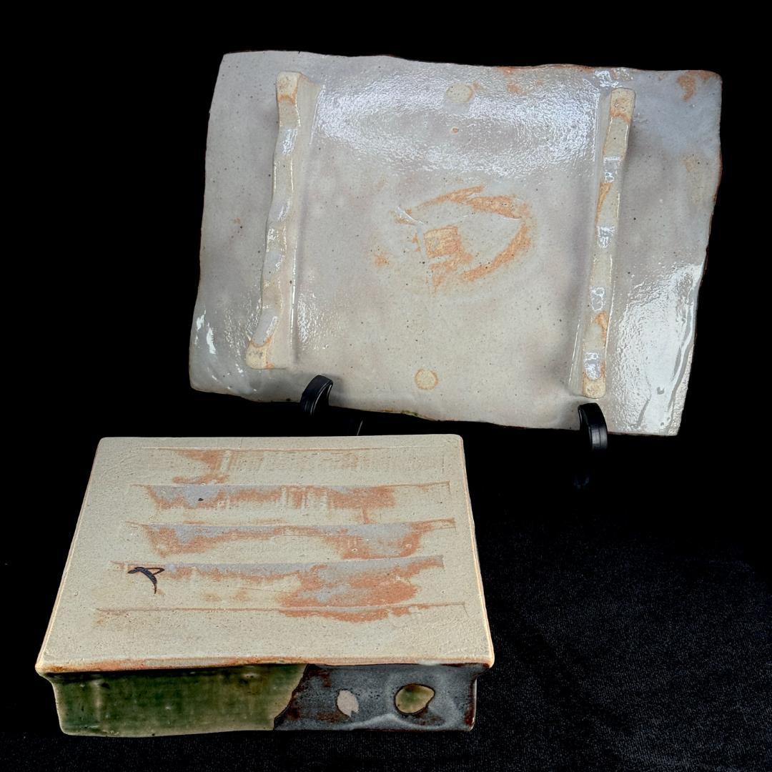 織部焼　玉山窯　玉置保夫 造　角鉢・足付長角皿　2点揃え