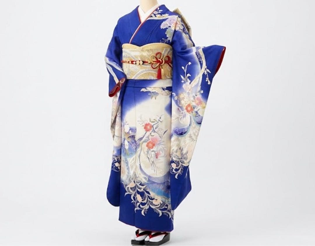 濃青　正絹振袖フルセット(5点) 袋帯・長襦袢付き！・半衿・帯揚げ　友禅　孔雀